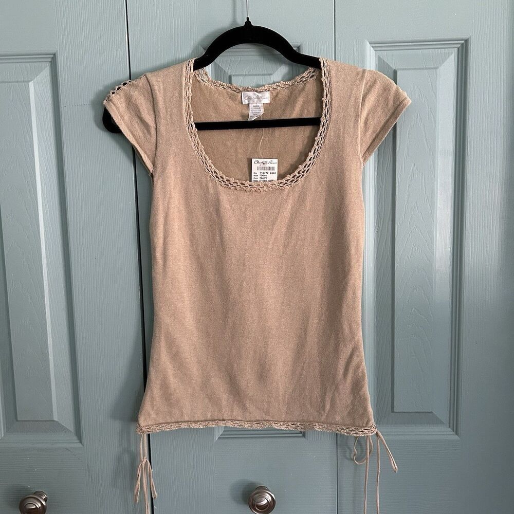 Y2K Charlotte Russe Womens Taupe Knit Cap Sleeve Top Large Boho Scoop Neck Beach